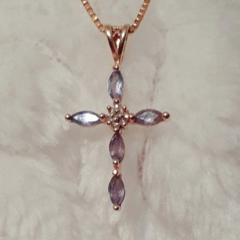 Solid 14k Gold Tanzanite Diamond Cross Pendant - Picture 10 of 14